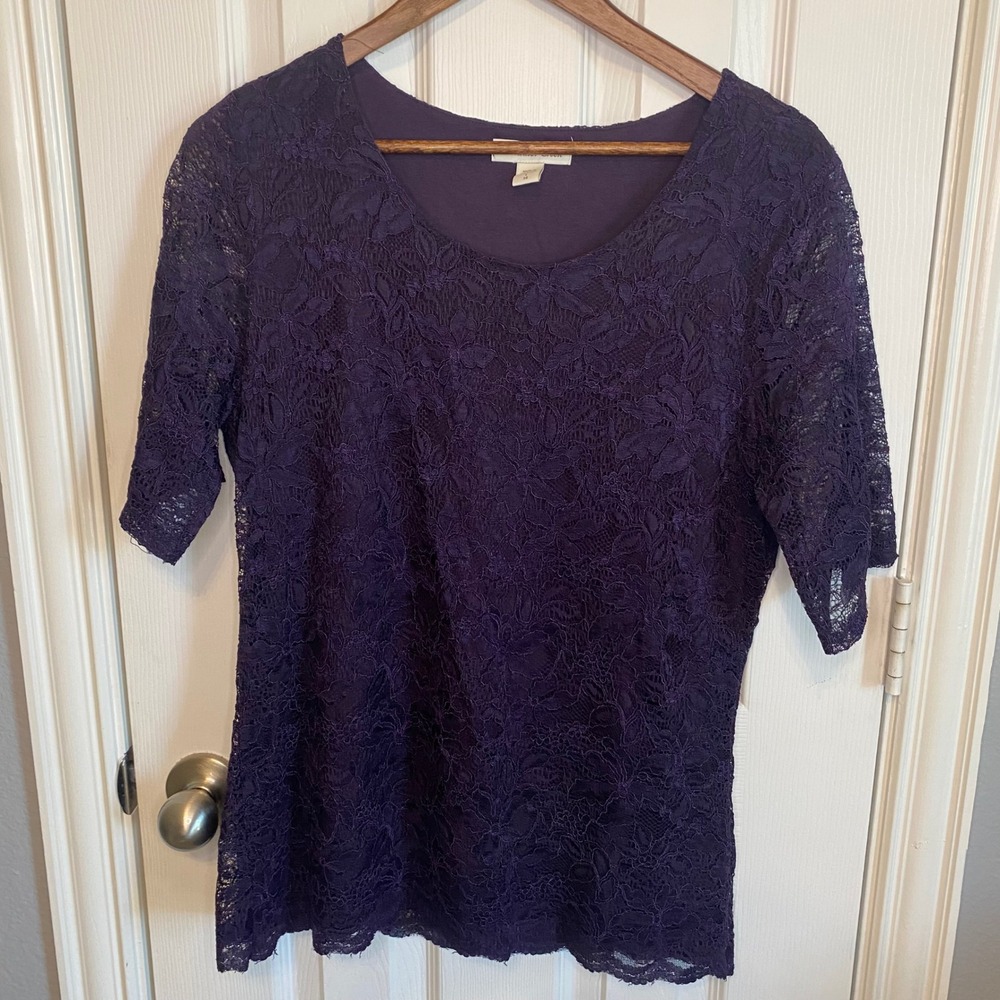 Coldwater Creek Blouse Large 14 Purple Floral Lace Scoop Neck Elbow Sleeve